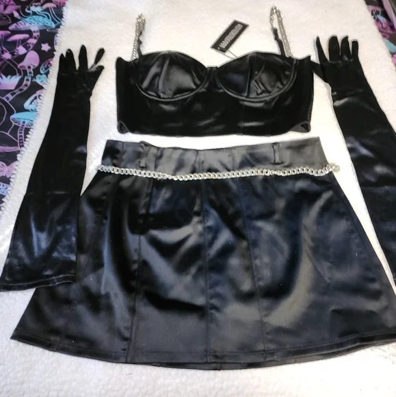 NWT Dolls Kill Sexy , Midnight Black Satin Skirt Set - Picture 6 of 12